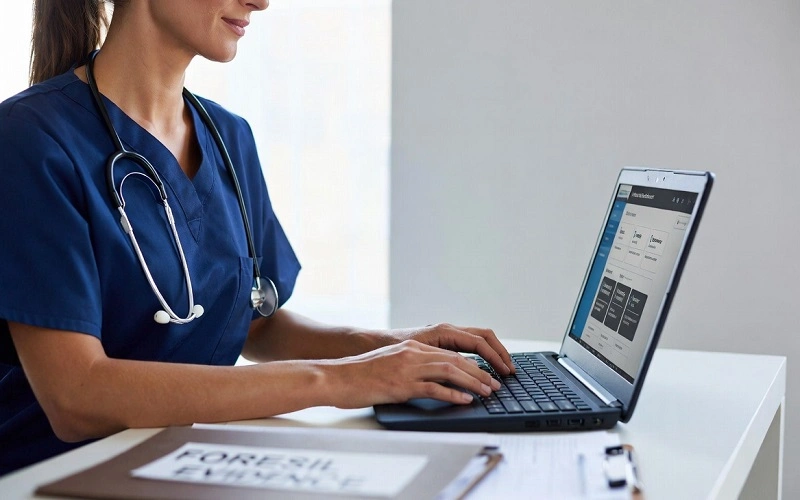 Registered nurse studying online for a fully online MSN in Forensic Nursing from CSU on a laptop in a professional home office setting