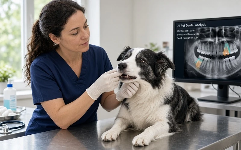 Veterinarian checks a dog’s teeth while Nerovet AI smart dentistry highlights dental X-ray findings on a clinic screen.